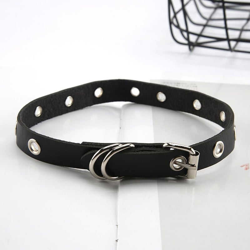 CALFOVERA Black Cowhide Leather Choker for Women Jewelry Adjustable Gothic Style Plain Genuine Leather Collar Chain Punk Design Circle Short Necklace for Costume Jewelry Party Cosplay Gift - Image 3